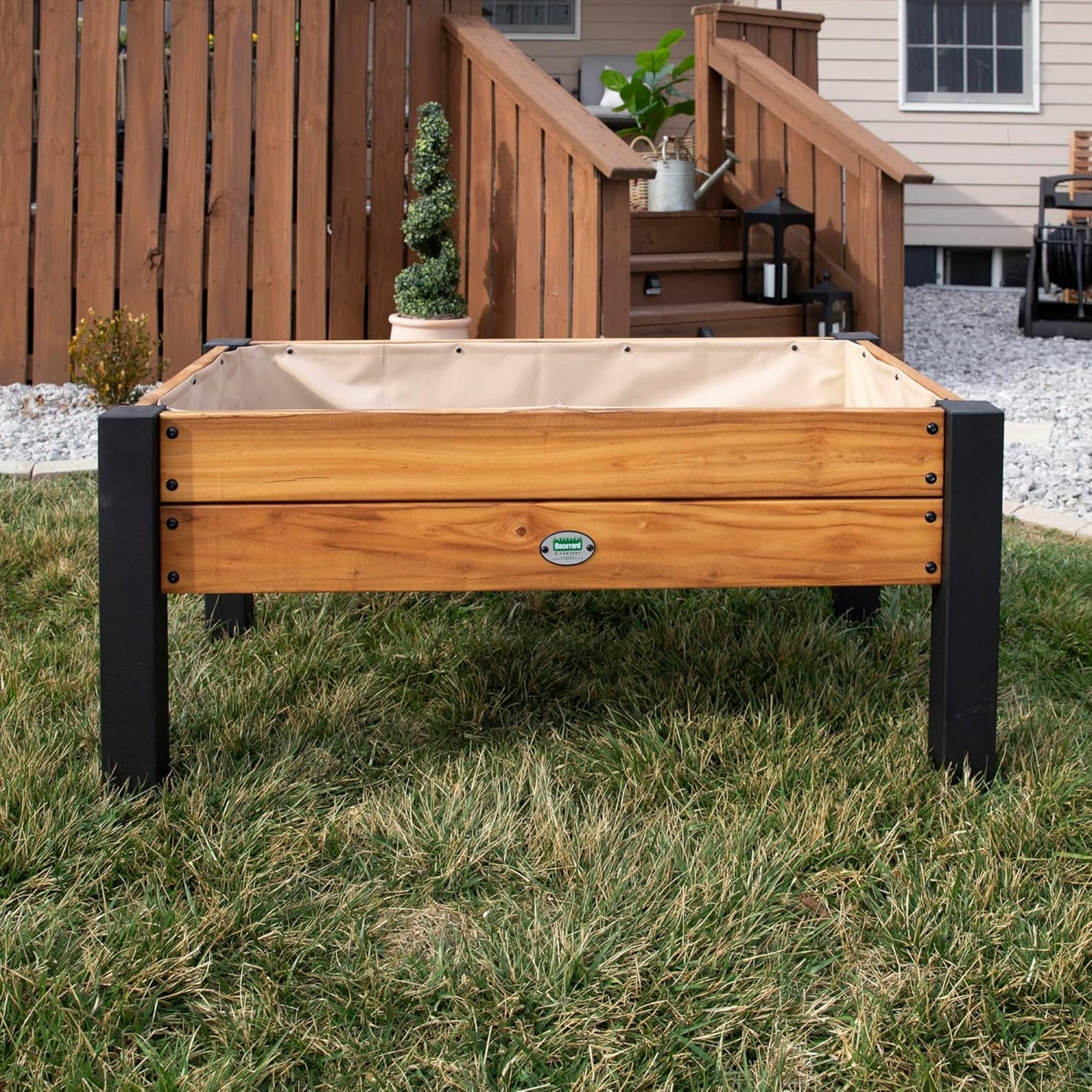 Backyard Discovery 48" Teak Wood Raised Garden Bed Planter Box with Galvanized Steel Legs, Mesh Liner for Outdoor Gardening, Patio, Balcony, Deck, Porch