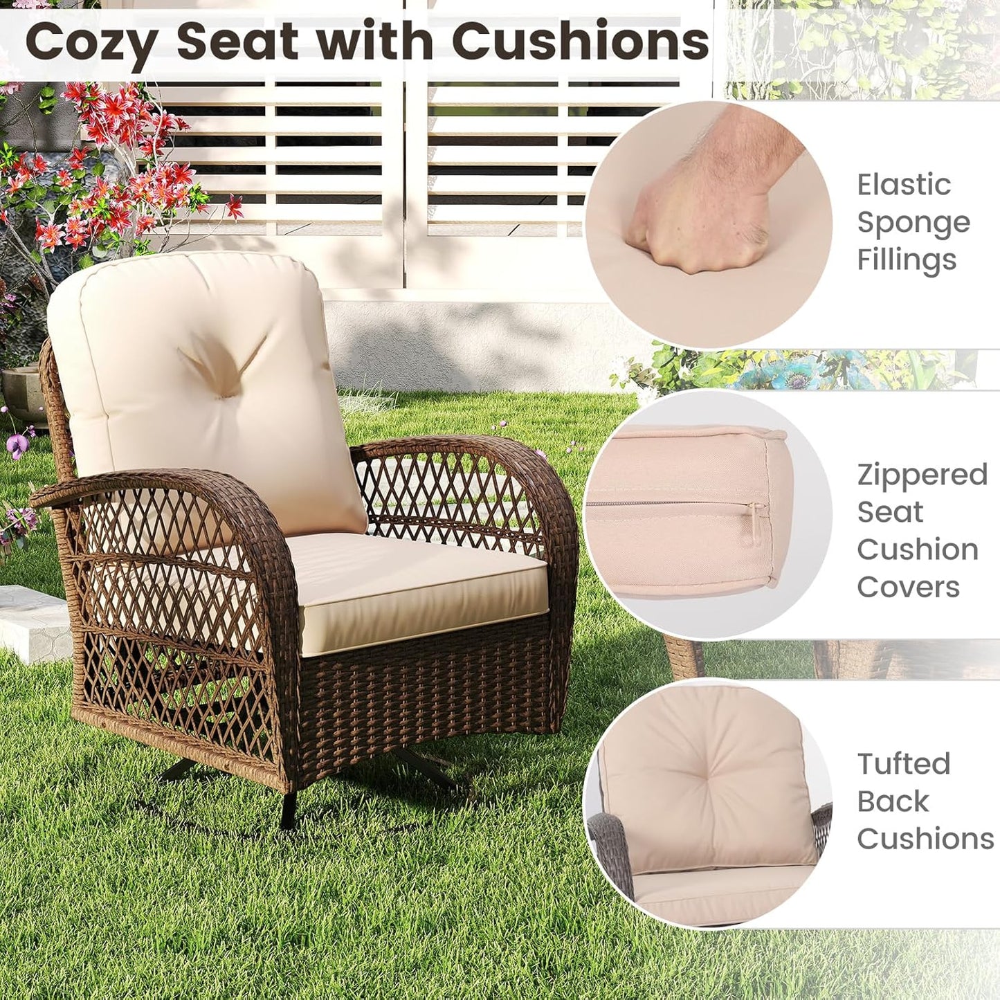 Tangkula 3 Piece Patio Swivel Rocker Set, 2 Outdoor Wicker Rocking Chairs with Tempered Glass Side Table, Outside Gliding Bistro Furniture Set with Thick Cushions for Porch, Yard, Balcony (Beige)