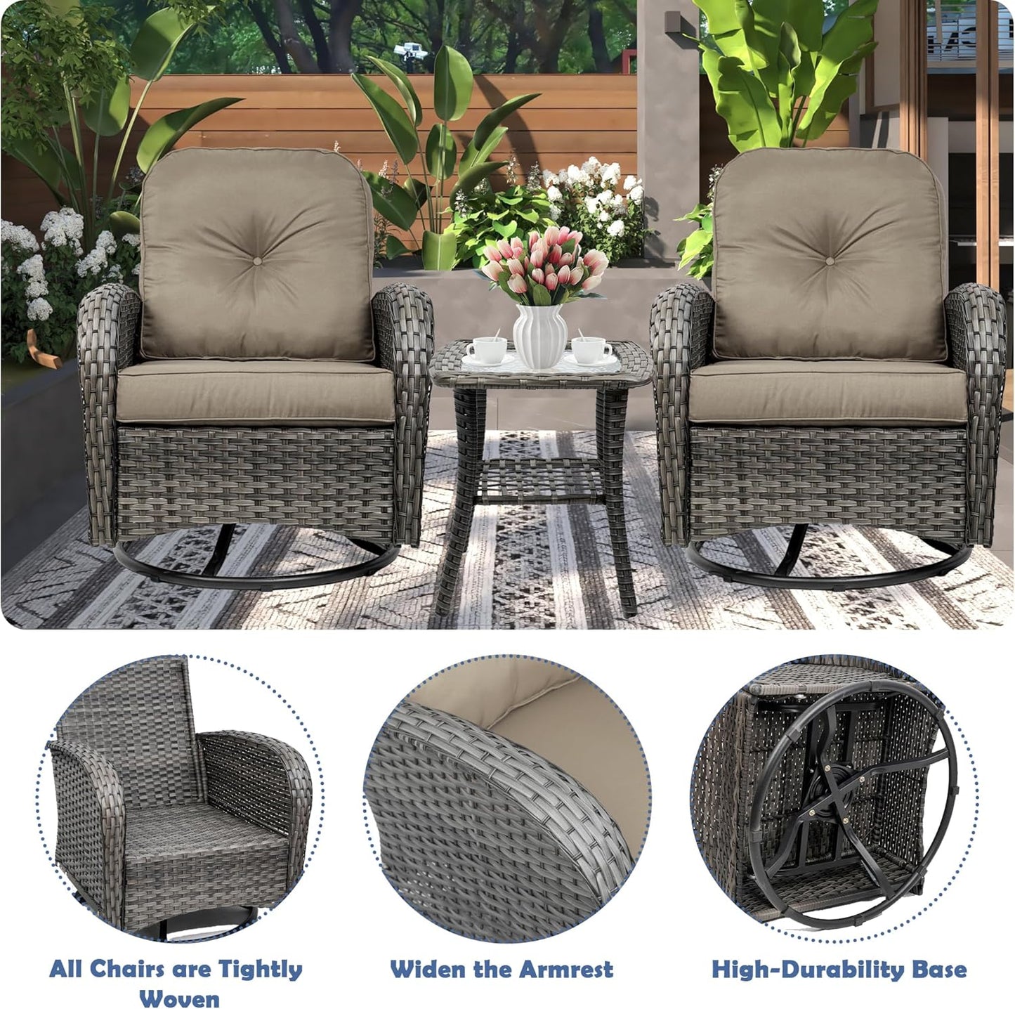 3-Piece Swivel Rocker Wicker Chair Set of 2 ,360-Degree Rocking Chairs Outdoor with Cushions,Glass Table for Garden,Backyard, Bistro.Brown