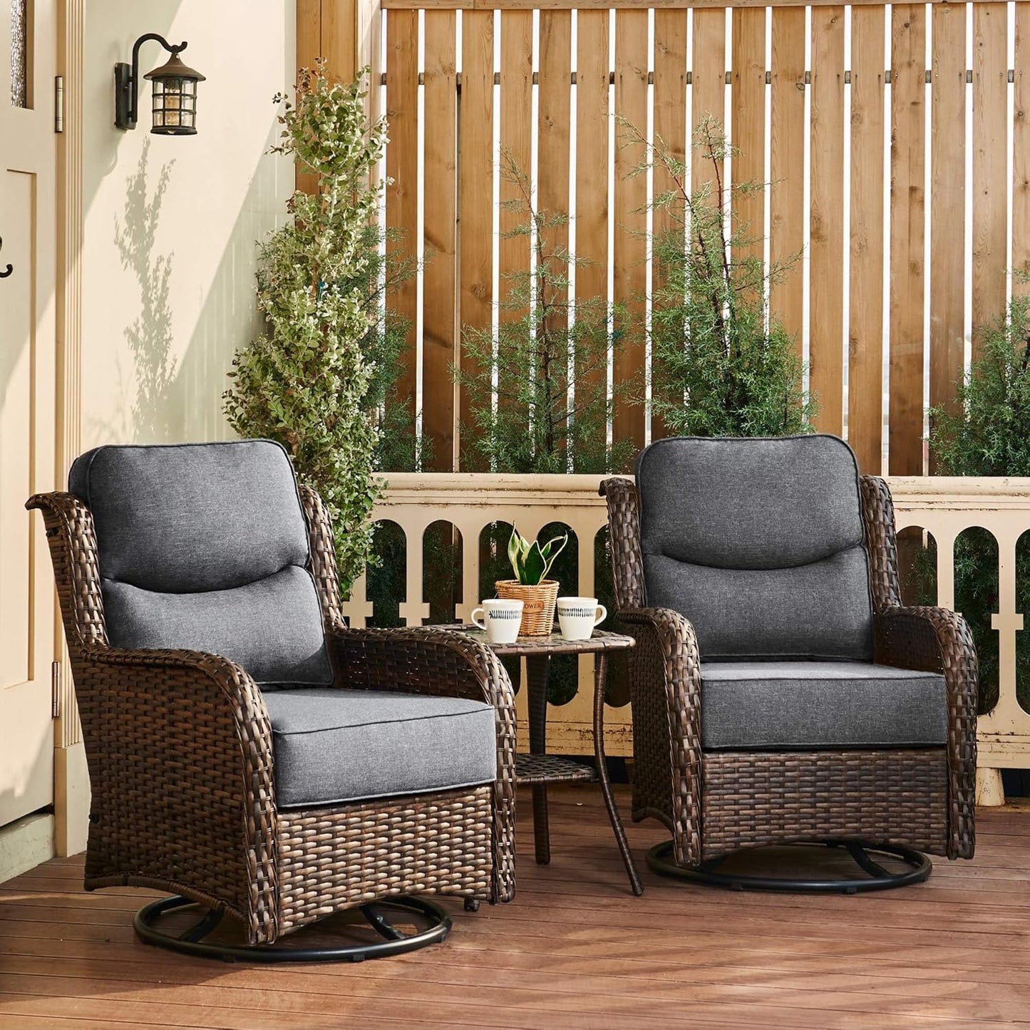 HILLGA Luxury Outdoor Swivel Rocker Patio Chairs of 2 with 6 Inch Thick Cushions and Side Table, Swivel Outdoor Chairs 3PCS High Back Wicker Patio Furniture Set for Porch, Balcony, Deck in Blue