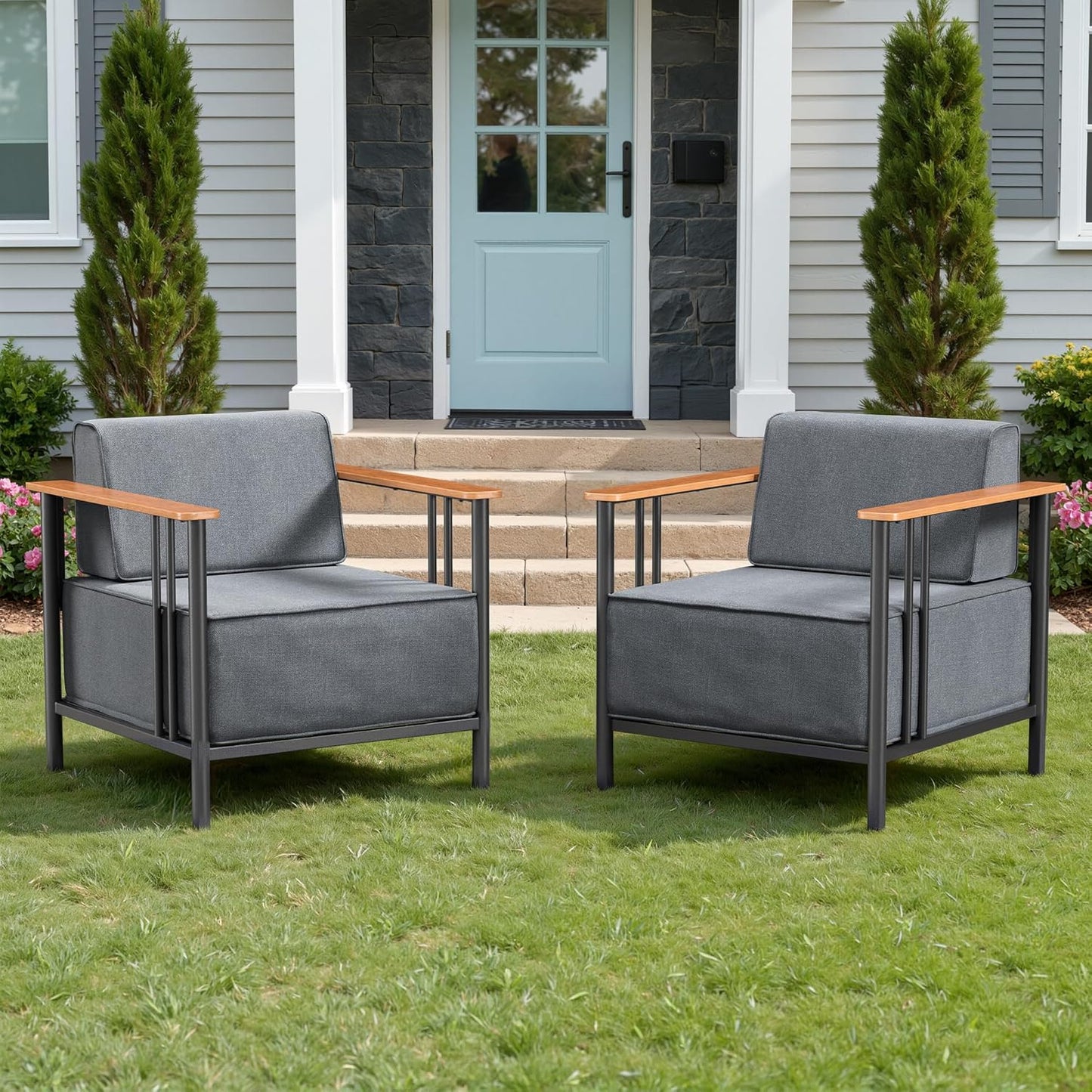 Luxury Patio Swivel Chairs with 6" Extra Thick Cushions, Outdoor Furniture Set with Ottomans and Side Table, Swivel Outdoor Chairs for Porch, Balcony, Deck, Patio, Yard, Poolside, Black/Grey