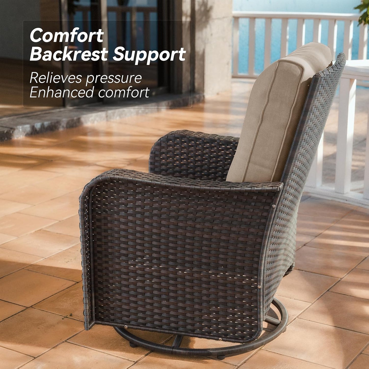 Gotland 3 Pieces Patio Set, Outdoor Swivel Chairs Set of 2 with 4’’ Waterproof Cushions High Back Double-Layer Side Table, Wicker Rocking Patio Chairs Set of 2 for Balcony, Porch, Garden