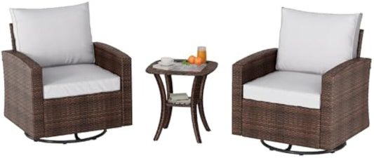 3 Piece Outdoor Swivel Rocking Chair Set with Side Table - Wicker Swivel Glider Rocker Chairs, High Back Comfy Outdoor Rocking Chairs, Patio Furniture Sets for Porch, Deck, Yard, Poolside