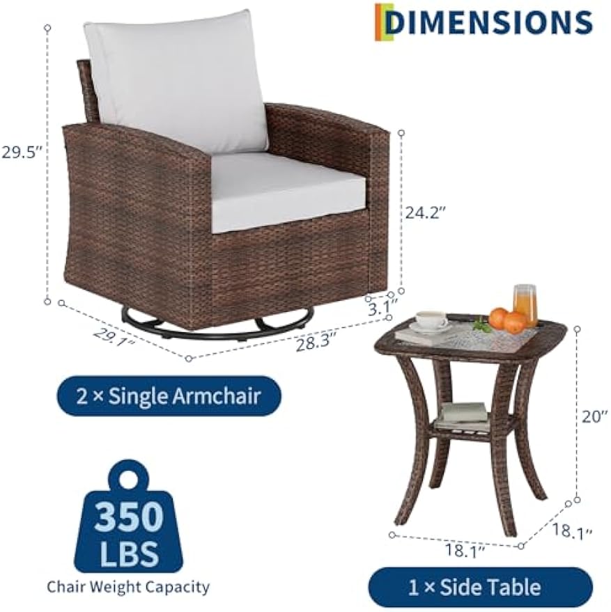 3 Piece Outdoor Swivel Rocking Chair Set with Side Table - Wicker Swivel Glider Rocker Chairs, High Back Comfy Outdoor Rocking Chairs, Patio Furniture Sets for Porch, Deck, Yard, Poolside