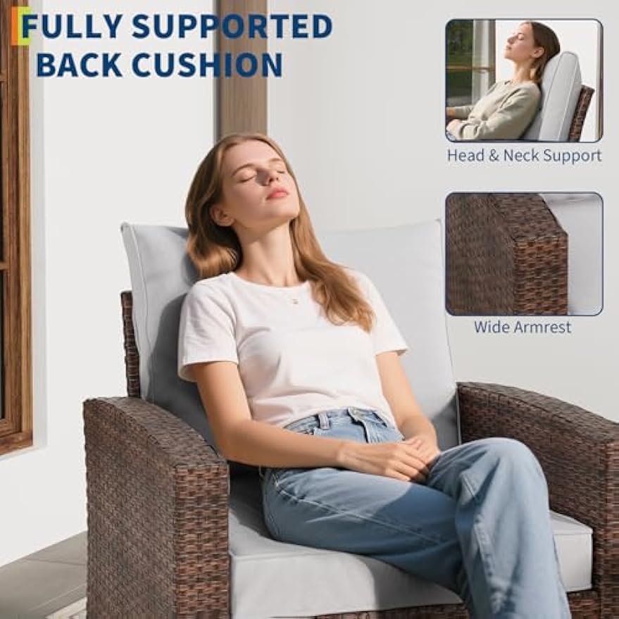 3 Piece Outdoor Swivel Rocking Chair Set with Side Table - Wicker Swivel Glider Rocker Chairs, High Back Comfy Outdoor Rocking Chairs, Patio Furniture Sets for Porch, Deck, Yard, Poolside