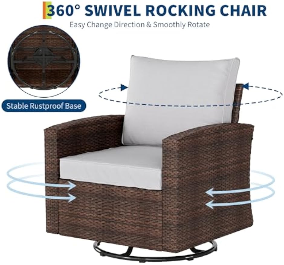 3 Piece Outdoor Swivel Rocking Chair Set with Side Table - Wicker Swivel Glider Rocker Chairs, High Back Comfy Outdoor Rocking Chairs, Patio Furniture Sets for Porch, Deck, Yard, Poolside