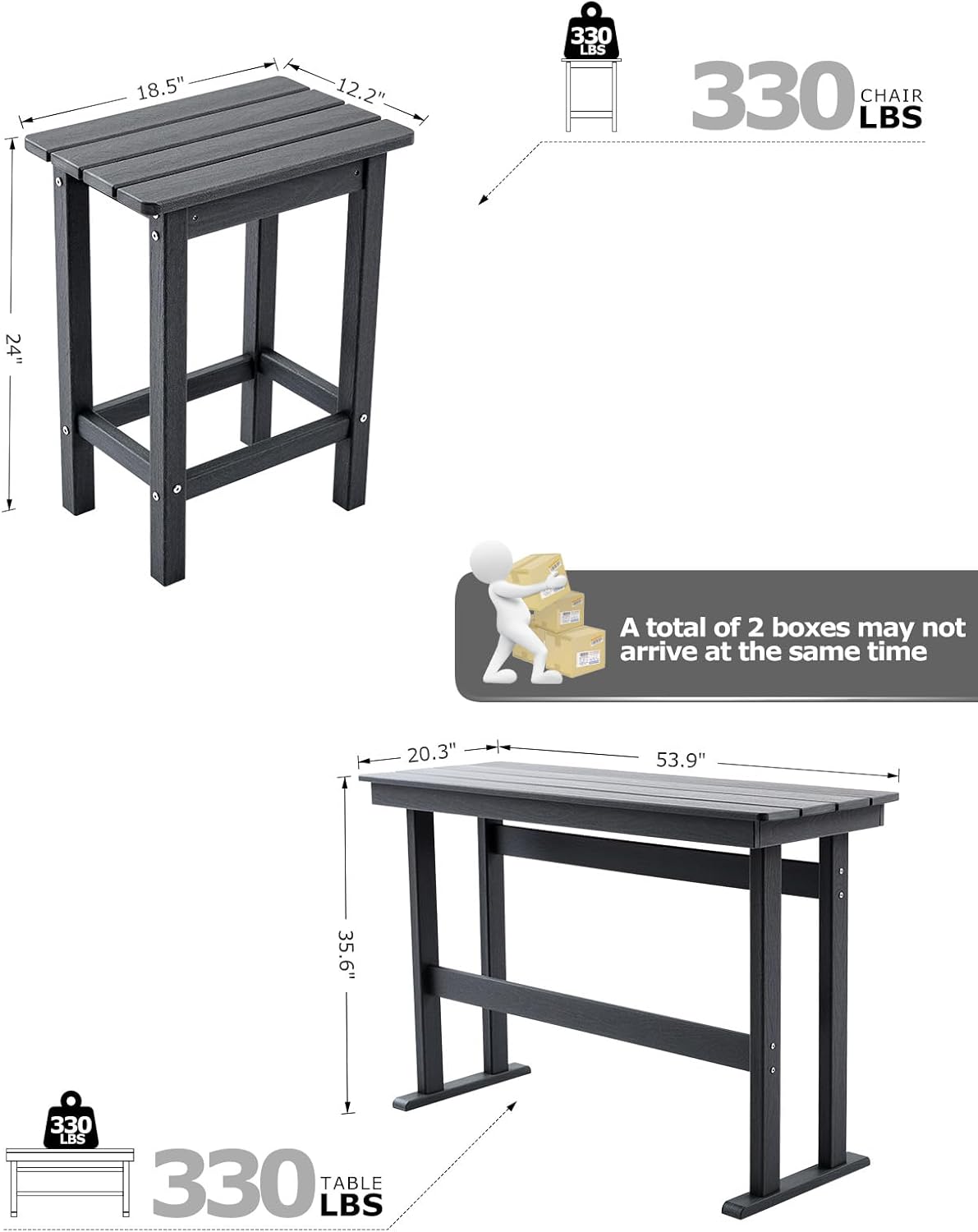 3 Piece HDPE Outdoor Bar Height Table and Chairs Set of 2 Includes High Top Patio Table and Chairs, Outside Patio Bar Set for Bistro,Balcony,Backyard,Poolside (Grey, 3 Piece)