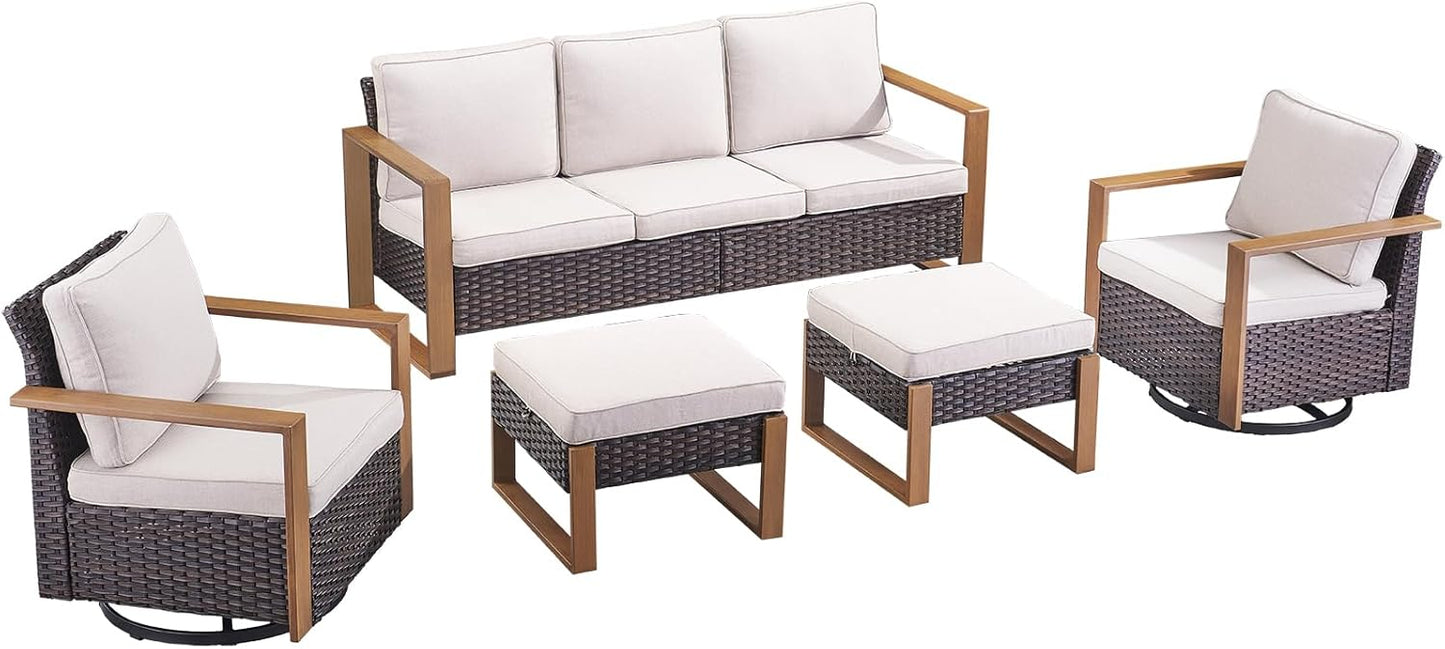 Outdoor Patio Swivel Rocker Chairs - Wicker Rattan Patio Swivel Rocking Chairs Set of 2 with Metal Wide Armrest, Thick Cushions and Deep Seating for Deck Porch Sunroom Garden(Brown/Grey)