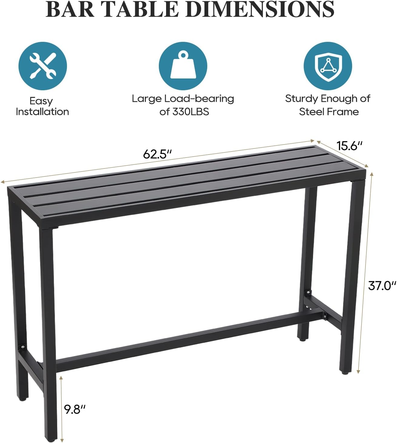 Outdoor Bar Table, Patio Console Pub Height Table with Powder Coated Steel Frame, Weather Resistant Waterproof Top for Hot Tub, Balcony, Garden, Yard, Poolside