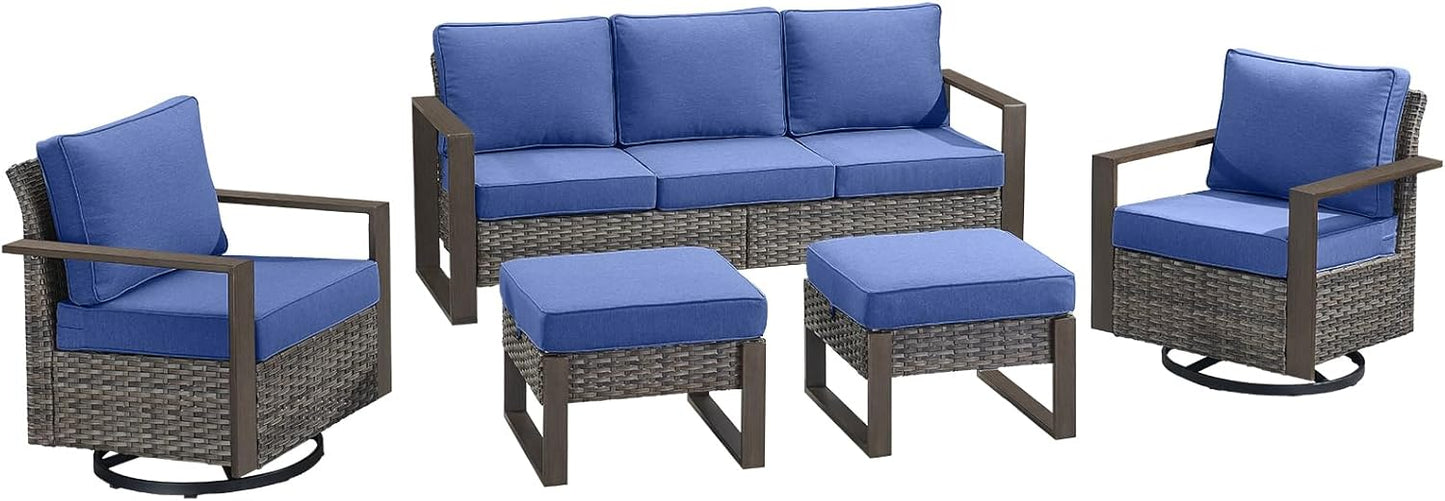 Outdoor Patio Swivel Rocker Chairs - Wicker Rattan Patio Swivel Rocking Chairs Set of 2 with Metal Wide Armrest, Thick Cushions and Deep Seating for Deck Porch Sunroom Garden(Brown/Grey)