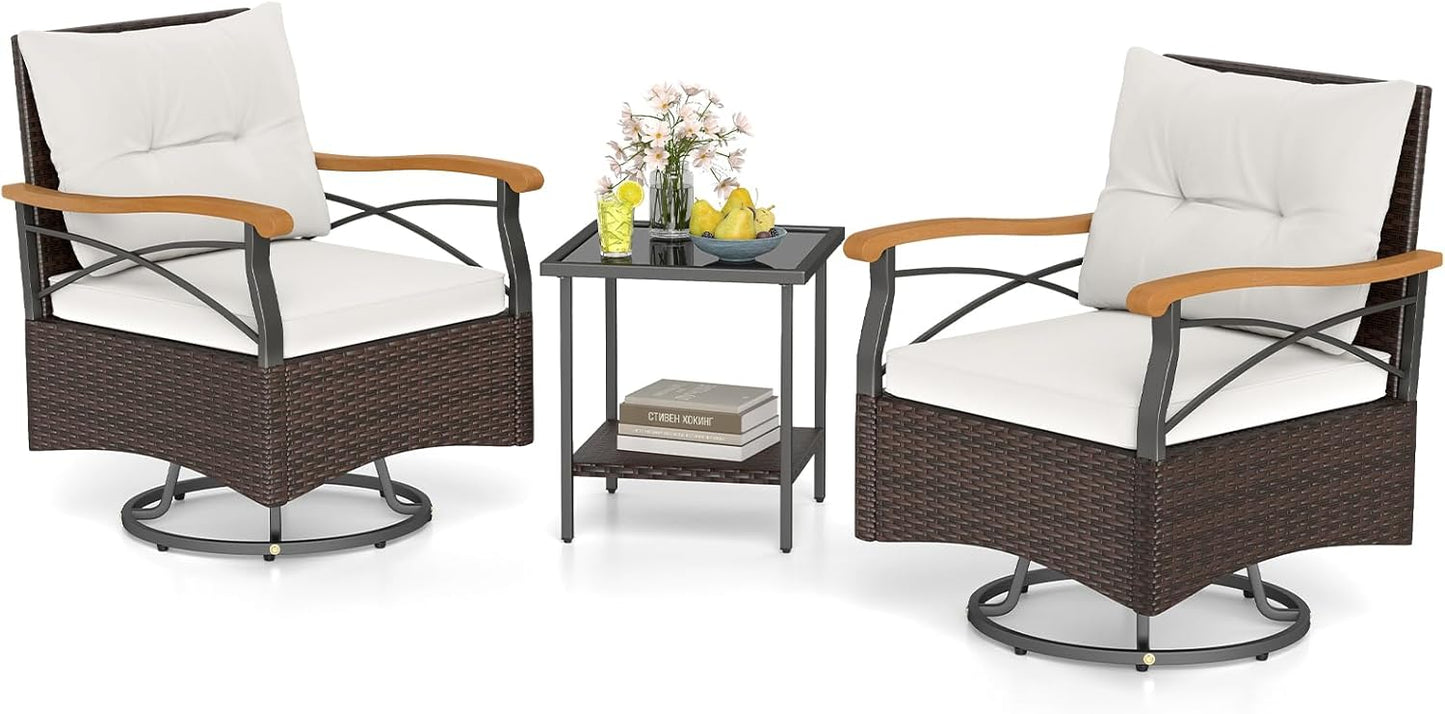 Tangkula 3 Piece Patio Swivel Rocker Set, 2 Outdoor Wicker Rocking Chairs with Tempered Glass Side Table, Outside Gliding Bistro Furniture Set with Thick Cushions for Porch, Yard, Balcony (Beige)