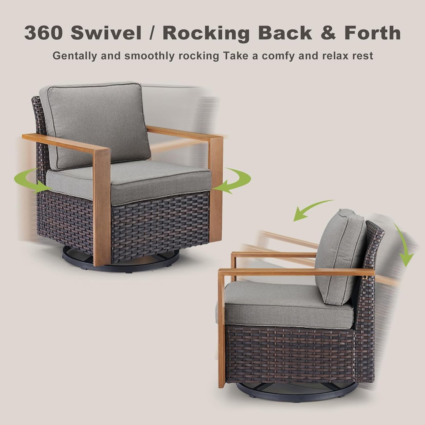 Outdoor Patio Swivel Rocker Chairs - Wicker Rattan Patio Swivel Rocking Chairs Set of 2 with Metal Wide Armrest, Thick Cushions and Deep Seating for Deck Porch Sunroom Garden(Brown/Grey)