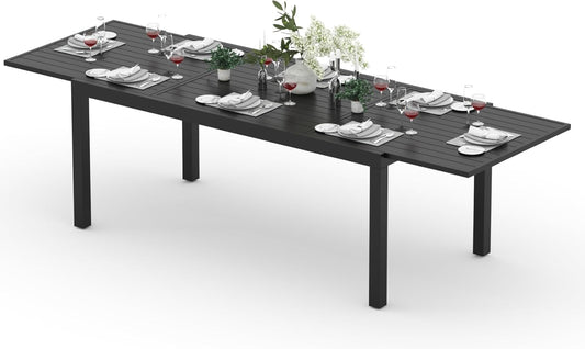 Outdoor Expandable Dining Table 71"-106" Aluminum Patio Dinner Table for 8-10 Person, Rectangular Metal Collapsible Tables with Umbrella Hole, Patio Tables with Extendable Top for Garden, Backyard