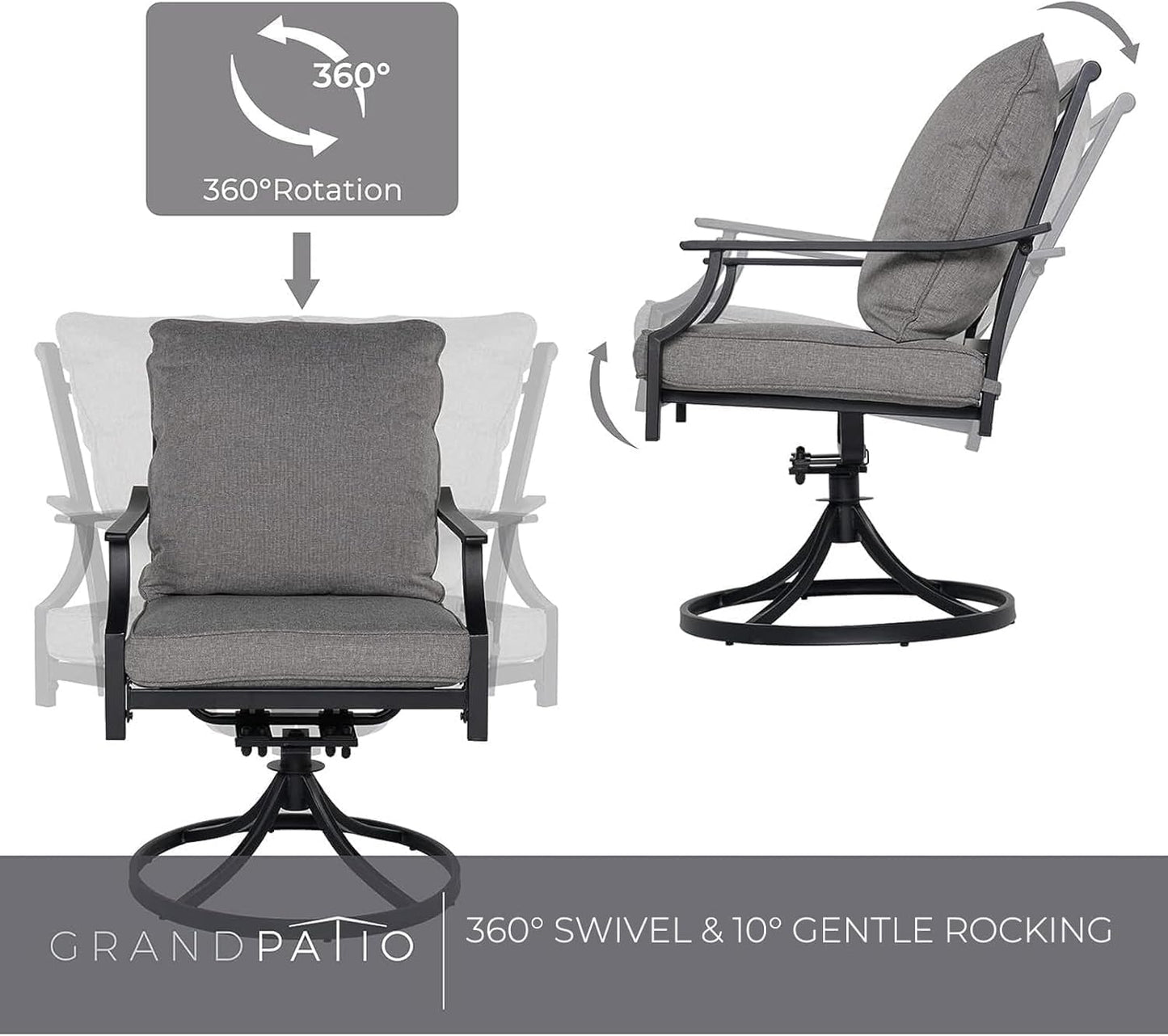 Grand patio Dining Chairs Set of 2，Outdoor Swivel Patio Dining Chairs Set of 2，Swivel Rocker Dining Chair，Outdoor Dining Chairs with Grey Cushions, Patio Chairs for Outside, Garden Lawn Porch