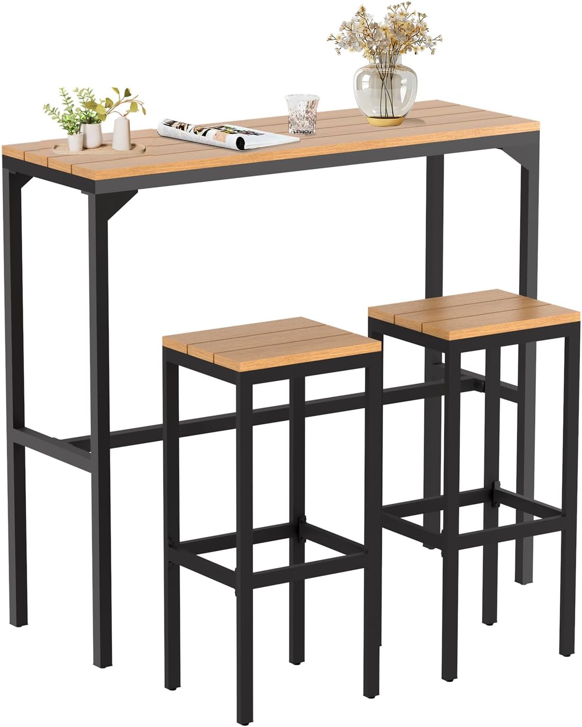AECOJOY 3-Piece Outdoor Bar Set, Patio Bar Height Table and Chairs Set 47" Rectangular Pub Height Bar Table with 2 Bar Stools Patio Pub Bar Set for Balcony, Porch