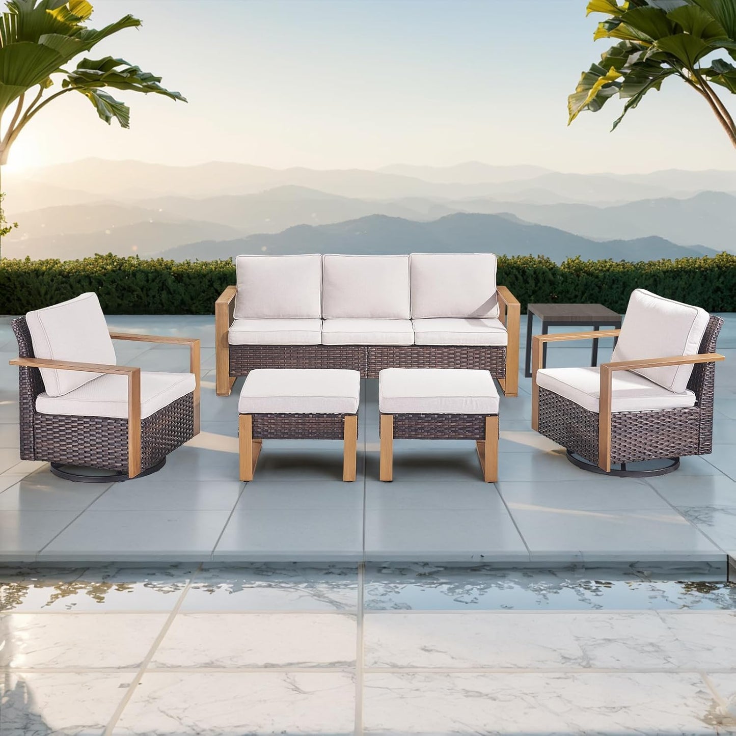 Outdoor Patio Swivel Rocker Chairs - Wicker Rattan Patio Swivel Rocking Chairs Set of 2 with Metal Wide Armrest, Thick Cushions and Deep Seating for Deck Porch Sunroom Garden(Brown/Grey)