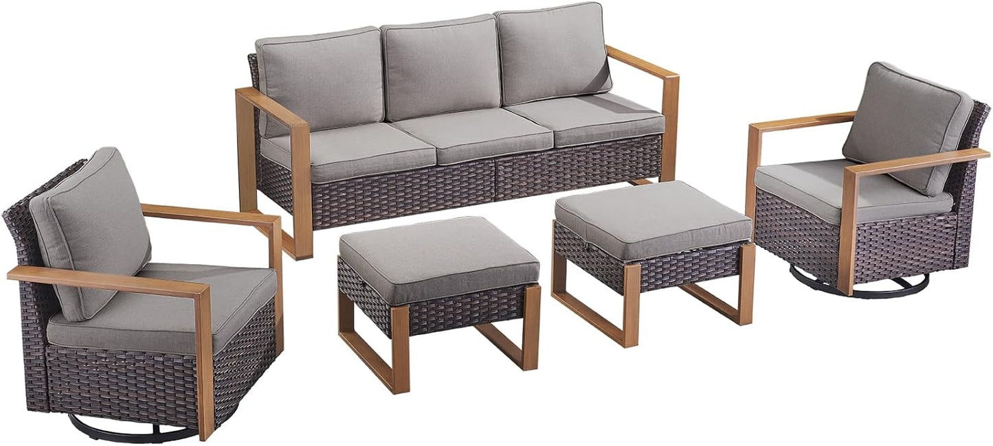 Outdoor Patio Swivel Rocker Chairs - Wicker Rattan Patio Swivel Rocking Chairs Set of 2 with Metal Wide Armrest, Thick Cushions and Deep Seating for Deck Porch Sunroom Garden(Brown/Grey)