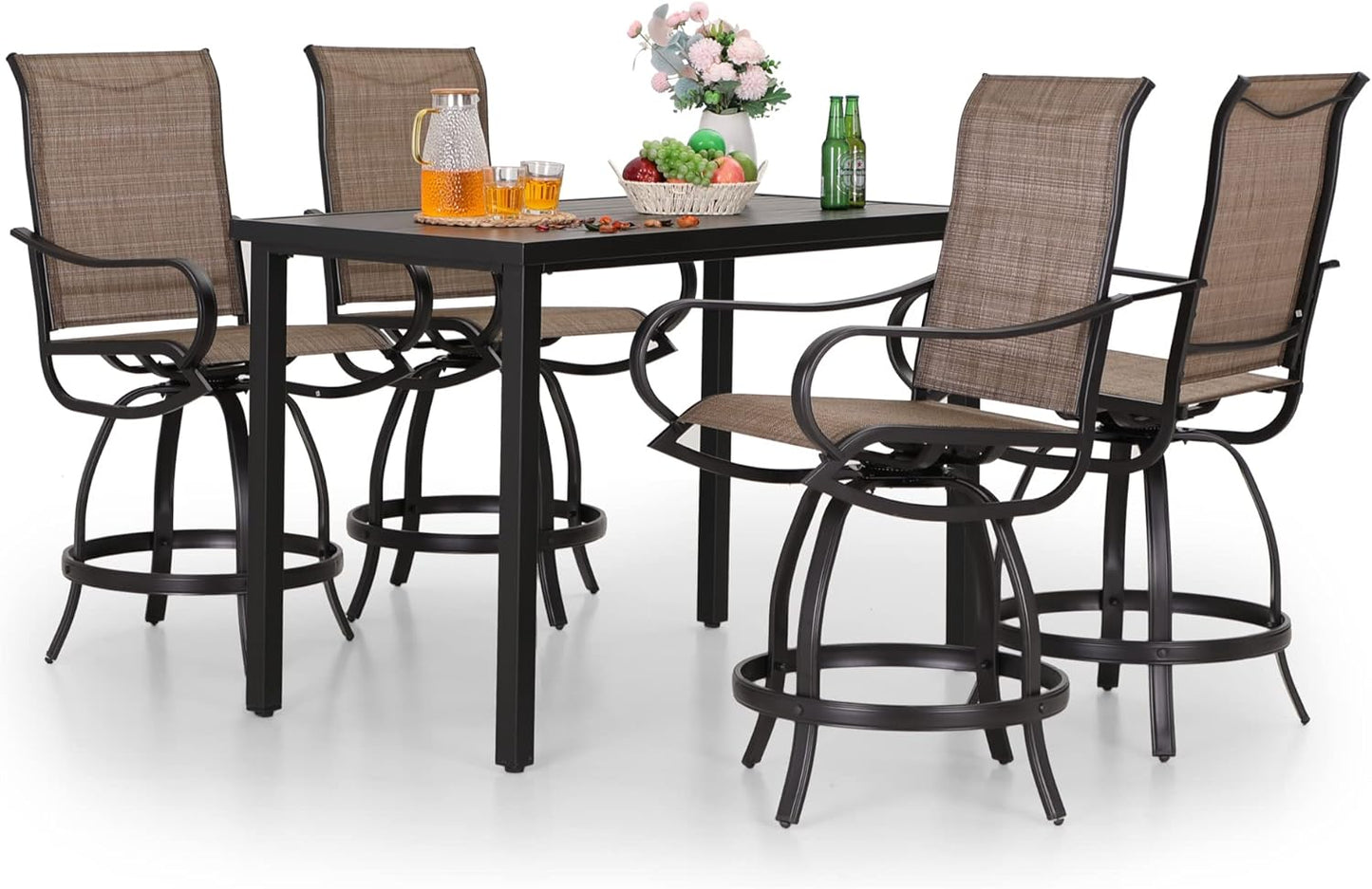 PHI VILLA 5PCS Patio Bar Set, Metal Bar Height Table and 4 Outdoor Swivel Bar Chairs with Textilene Fabric and Thickened Black Metal Frame,High Patio Furniture for Garden,Yard