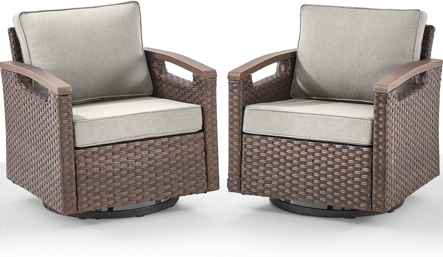 Outdoor Patio Swivel Rocking Chairs Set of 2, All Weather Wicker, Metal Armrest, Deep Seating, Thick Comfortable Cushions, Ideal for Deck Porch Backyard, Brown/Beige