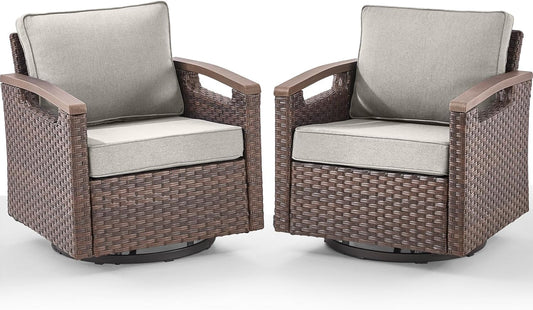 Outdoor Patio Swivel Rocking Chairs Set of 2, All Weather Wicker, Metal Armrest, Deep Seating, Thick Comfortable Cushions, Ideal for Deck Porch Backyard, Brown/Beige