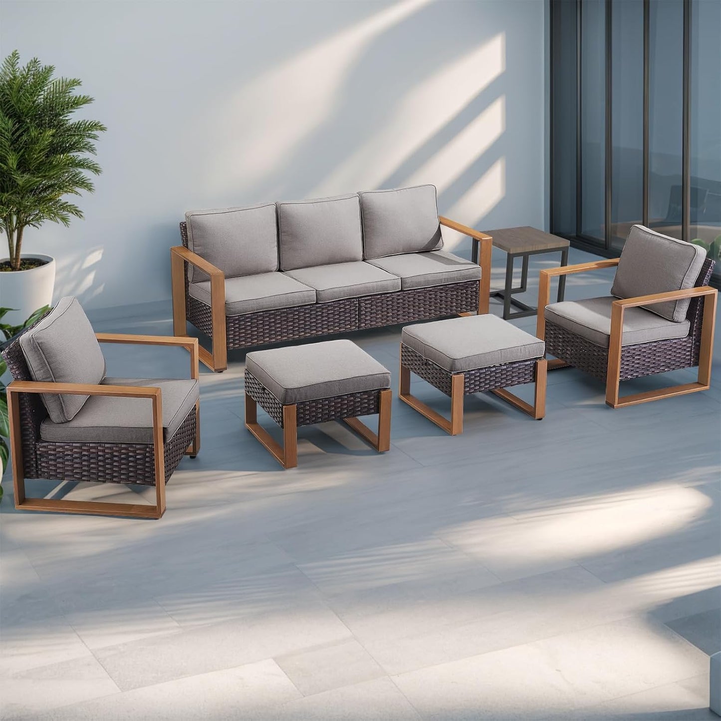 Outdoor Patio Swivel Rocker Chairs - Wicker Rattan Patio Swivel Rocking Chairs Set of 2 with Metal Wide Armrest, Thick Cushions and Deep Seating for Deck Porch Sunroom Garden(Brown/Grey)