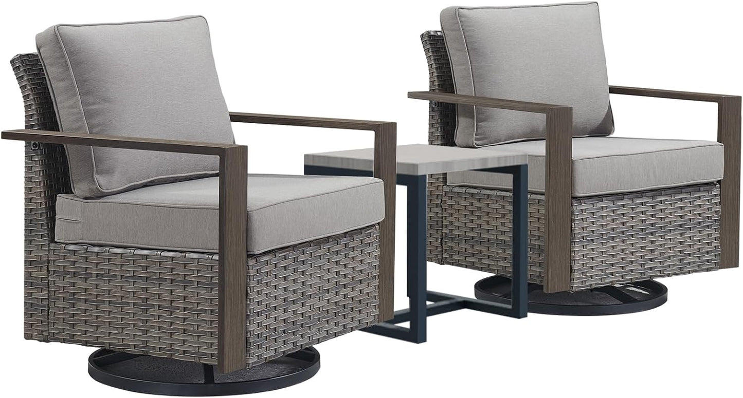 Outdoor Patio Swivel Rocker Chairs - Wicker Rattan Patio Swivel Rocking Chairs Set of 2 with Metal Wide Armrest, Thick Cushions and Deep Seating for Deck Porch Sunroom Garden(Brown/Grey)