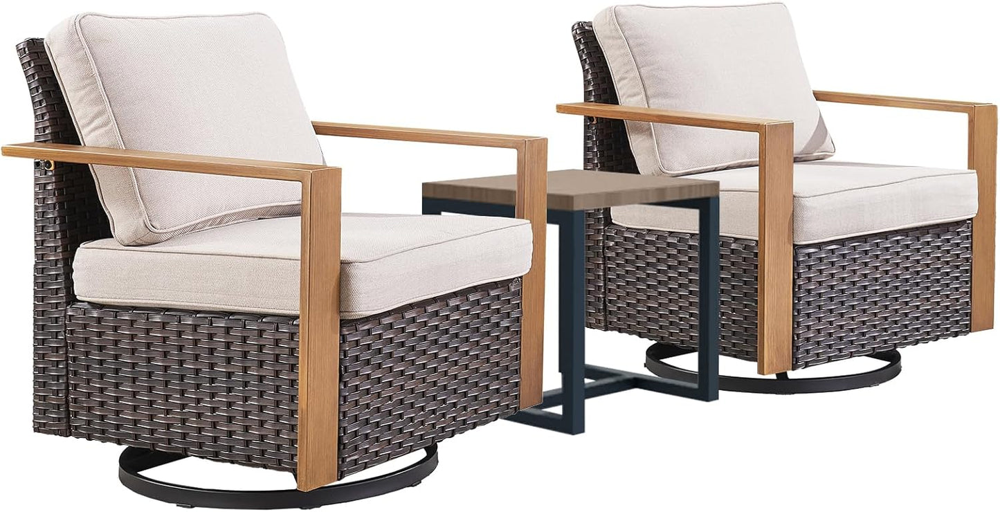Outdoor Patio Swivel Rocker Chairs - Wicker Rattan Patio Swivel Rocking Chairs Set of 2 with Metal Wide Armrest, Thick Cushions and Deep Seating for Deck Porch Sunroom Garden(Brown/Grey)