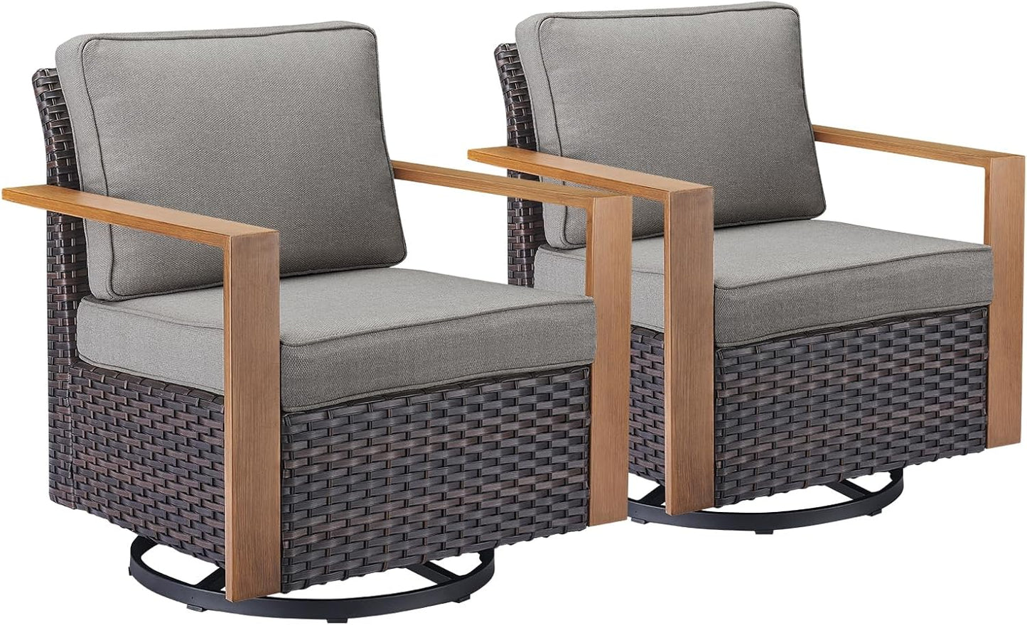 Outdoor Patio Swivel Rocker Chairs - Wicker Rattan Patio Swivel Rocking Chairs Set of 2 with Metal Wide Armrest, Thick Cushions and Deep Seating for Deck Porch Sunroom Garden(Brown/Grey)