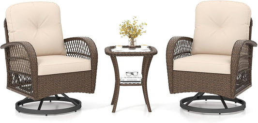 Tangkula 3 Piece Patio Swivel Rocker Set, 2 Outdoor Wicker Rocking Chairs with Tempered Glass Side Table, Outside Gliding Bistro Furniture Set with Thick Cushions for Porch, Yard, Balcony (Beige)