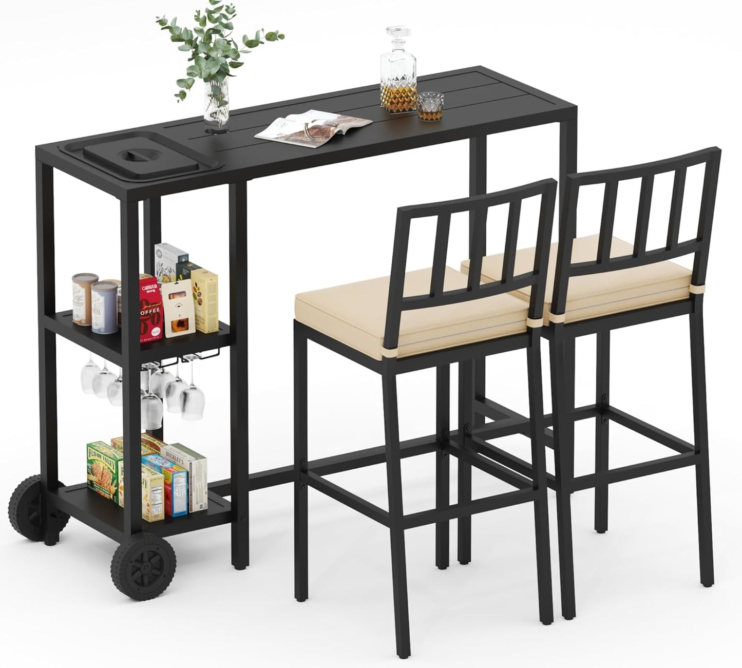 3 Piece Outdoor Patio Bar Set, 47" Rectangular Counter Height High Top Bar Table with Wheels, 2 Cushioned Bar Stools, Metal Bar Table and Chairs Set for Balcony, Backyard, Porch