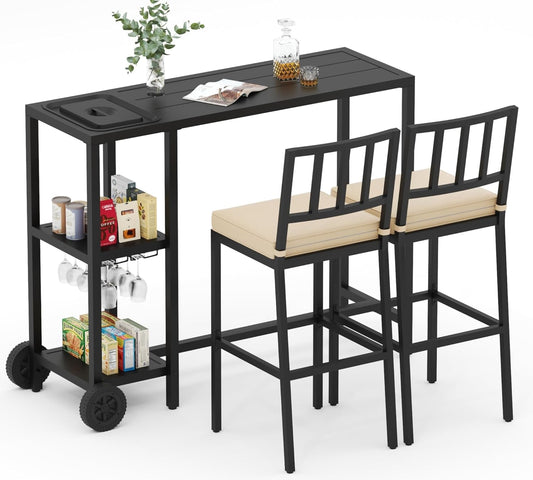 3 Piece Outdoor Patio Bar Set, 47" Rectangular Counter Height High Top Bar Table with Wheels, 2 Cushioned Bar Stools, Metal Bar Table and Chairs Set for Balcony, Backyard, Porch