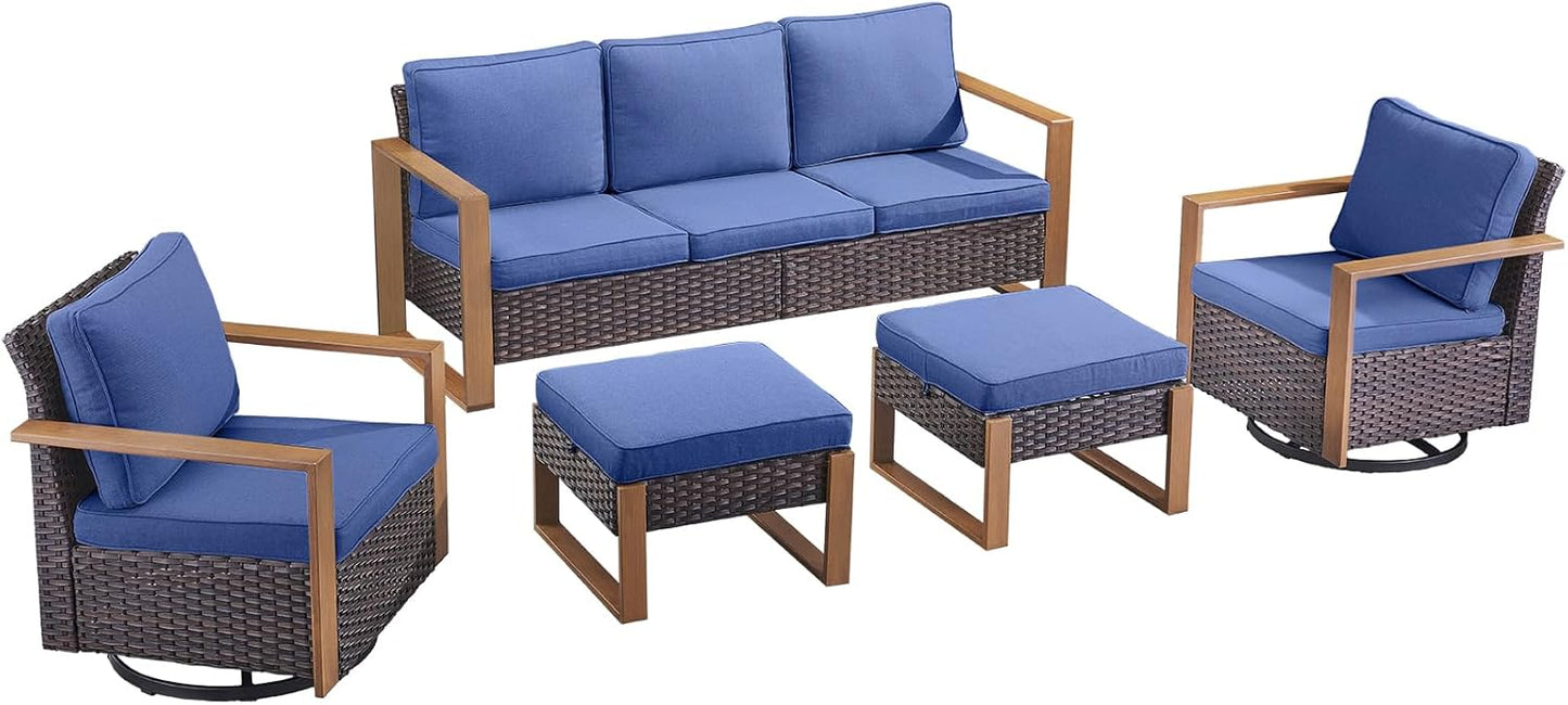 Outdoor Patio Swivel Rocker Chairs - Wicker Rattan Patio Swivel Rocking Chairs Set of 2 with Metal Wide Armrest, Thick Cushions and Deep Seating for Deck Porch Sunroom Garden(Brown/Grey)