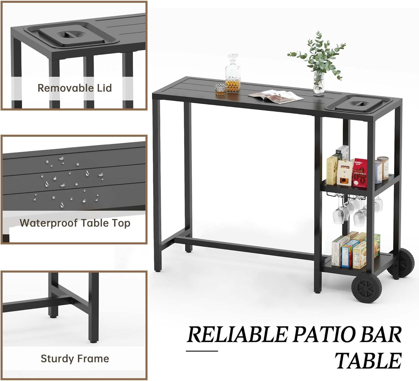 3 Piece Outdoor Patio Bar Set, 47" Rectangular Counter Height High Top Bar Table with Wheels, 2 Cushioned Bar Stools, Metal Bar Table and Chairs Set for Balcony, Backyard, Porch