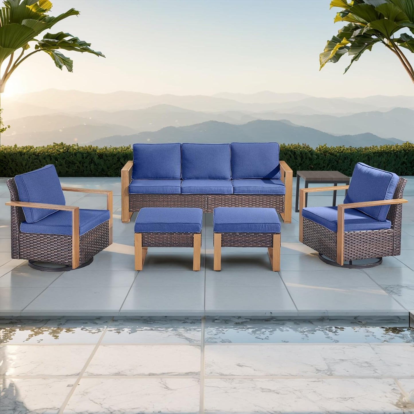 Outdoor Patio Swivel Rocker Chairs - Wicker Rattan Patio Swivel Rocking Chairs Set of 2 with Metal Wide Armrest, Thick Cushions and Deep Seating for Deck Porch Sunroom Garden(Brown/Grey)