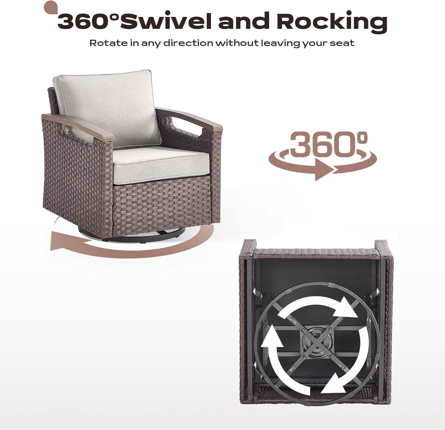 Outdoor Patio Swivel Rocking Chairs Set of 2, All Weather Wicker, Metal Armrest, Deep Seating, Thick Comfortable Cushions, Ideal for Deck Porch Backyard, Brown/Beige