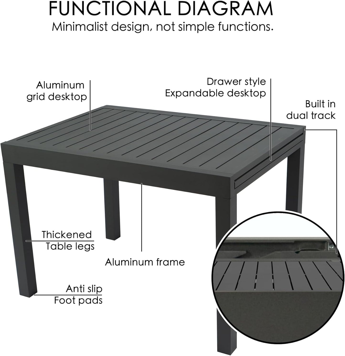 Kozyard Villa Expandable Patio Dining Table - Adjustable, Aluminum Outdoor Furniture for 4-6 Person, Perfect for Backyard, Porch, Deck, Garden - Dark Grey, 43"- 86"