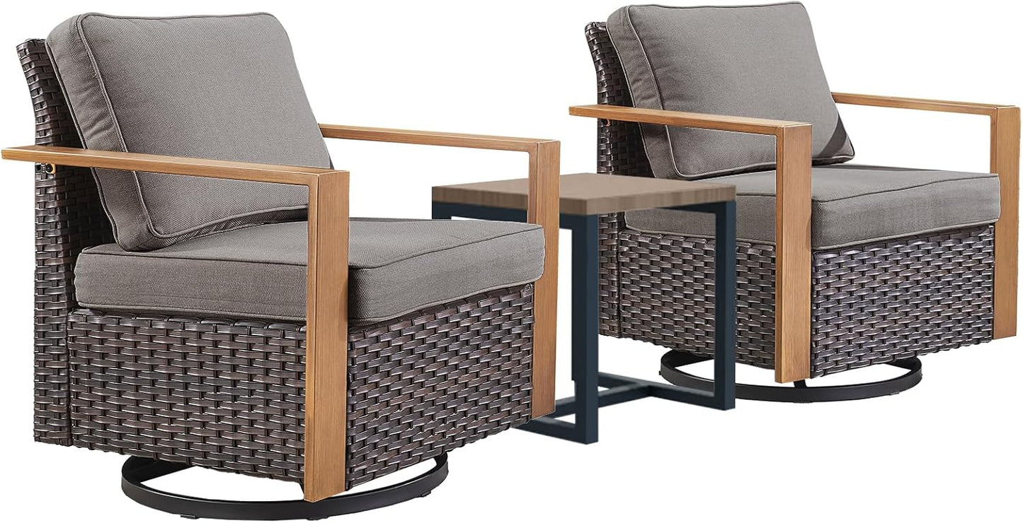Outdoor Patio Swivel Rocker Chairs - Wicker Rattan Patio Swivel Rocking Chairs Set of 2 with Metal Wide Armrest, Thick Cushions and Deep Seating for Deck Porch Sunroom Garden(Brown/Grey)