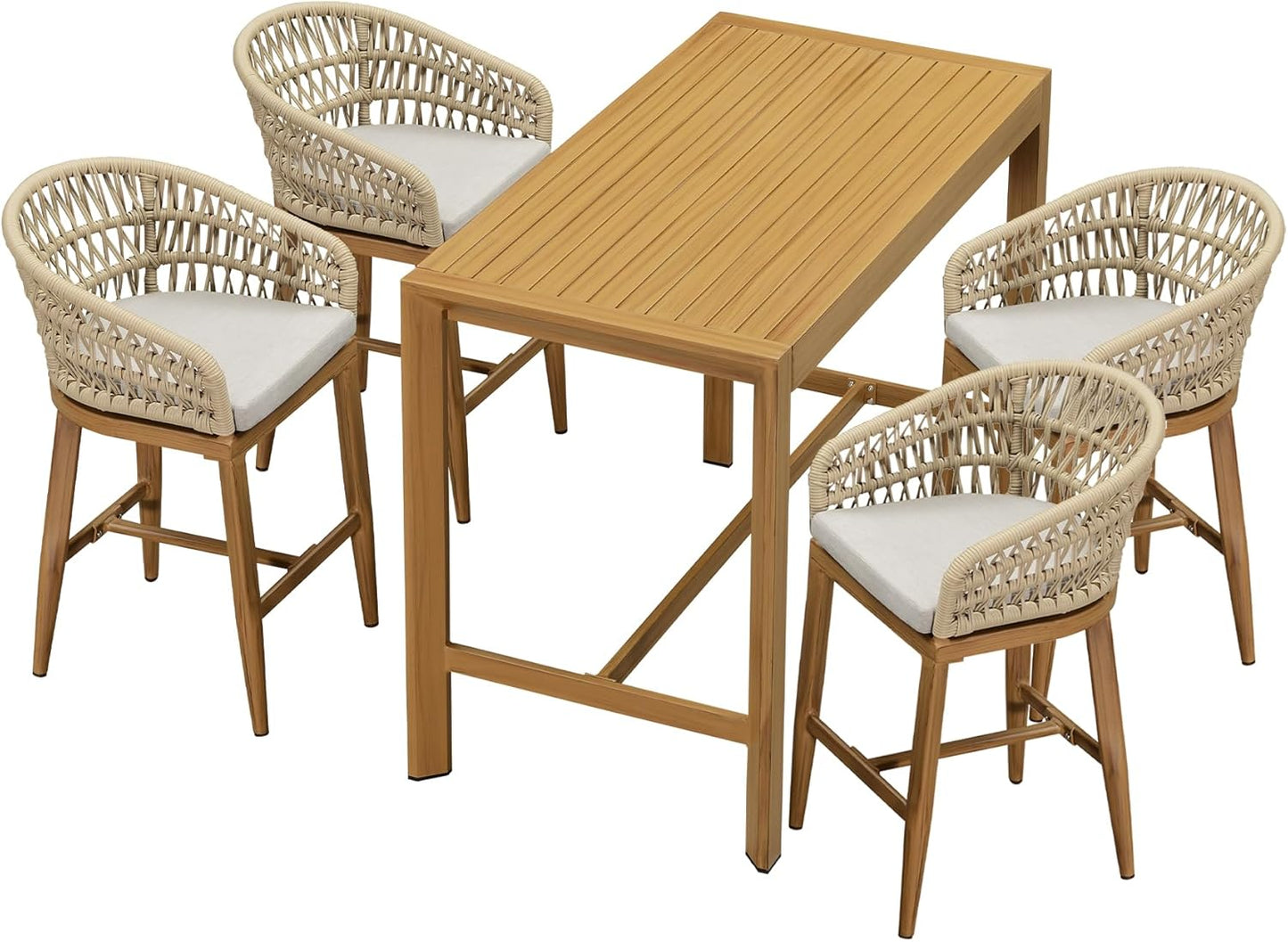 PURPLE LEAF 3 Pieces Outdoor Rattan 29" Bar Stools and Table Set, Modern Boho Aluminum Patio Bar Height Chair Bar Table for Outdoor and Indoor, Champagne