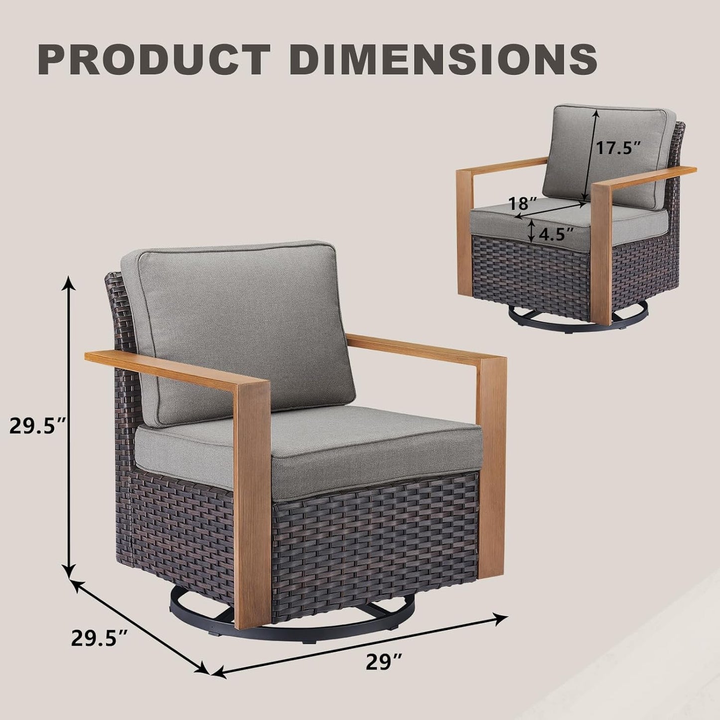 Outdoor Patio Swivel Rocker Chairs - Wicker Rattan Patio Swivel Rocking Chairs Set of 2 with Metal Wide Armrest, Thick Cushions and Deep Seating for Deck Porch Sunroom Garden(Brown/Grey)