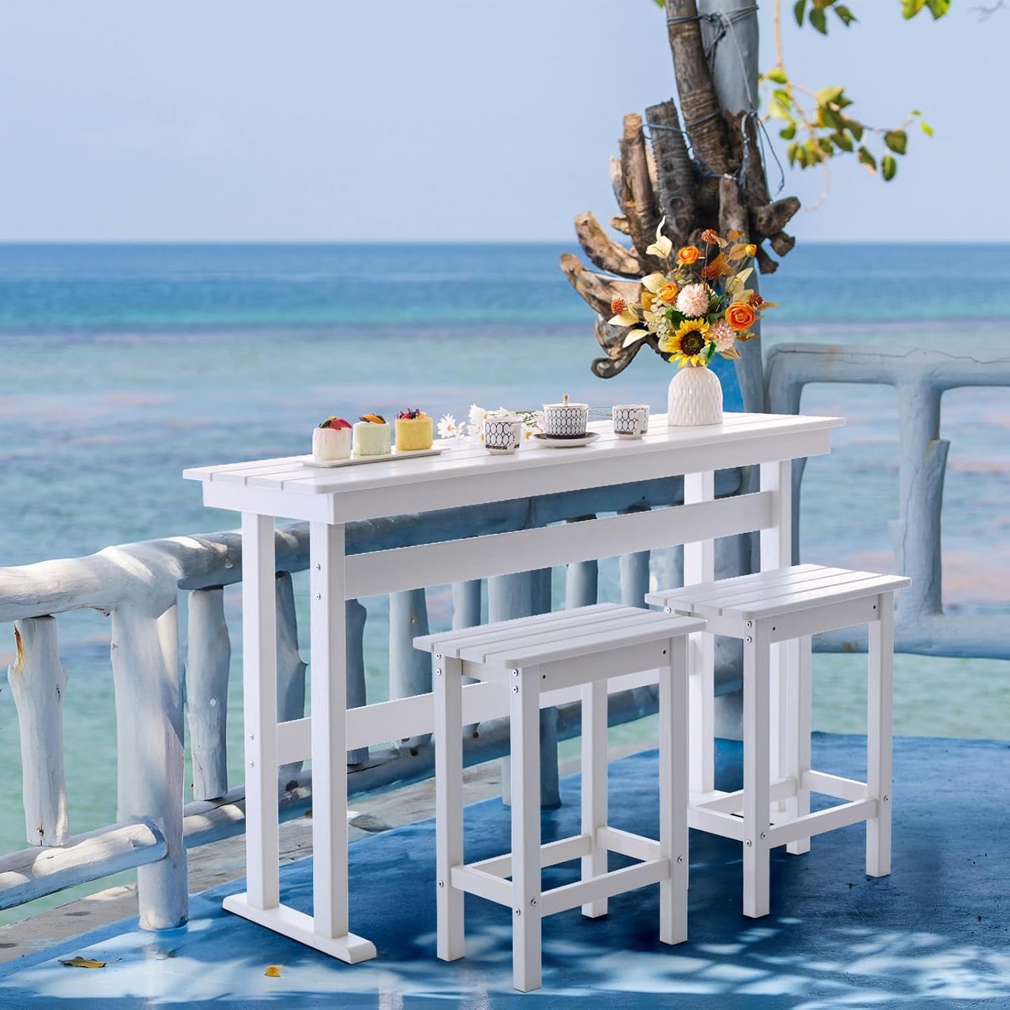 3 Piece HDPE Outdoor Bar Height Table and Chairs Set of 2 Includes High Top Patio Table and Chairs, Outside Patio Bar Set for Bistro,Balcony,Backyard,Poolside (Grey, 3 Piece)