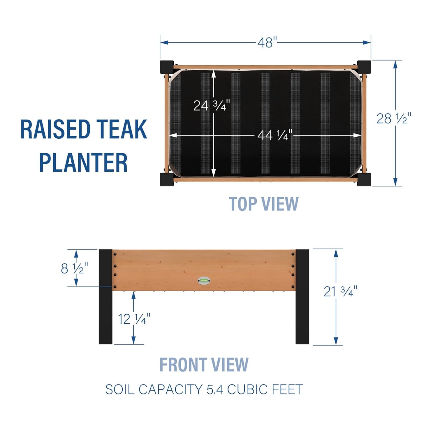 Backyard Discovery 48" Teak Wood Raised Garden Bed Planter Box with Galvanized Steel Legs, Mesh Liner for Outdoor Gardening, Patio, Balcony, Deck, Porch