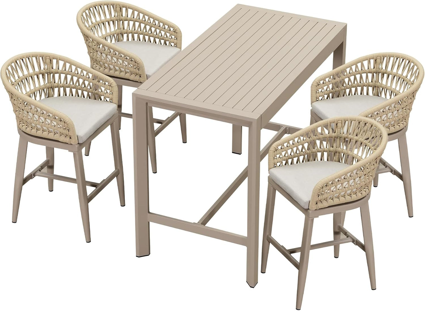 PURPLE LEAF 3 Pieces Outdoor Rattan 29" Bar Stools and Table Set, Modern Boho Aluminum Patio Bar Height Chair Bar Table for Outdoor and Indoor, Champagne