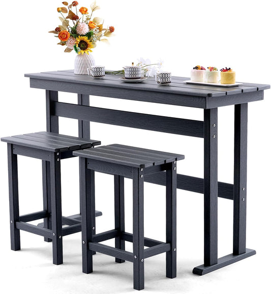 3 Piece HDPE Outdoor Bar Height Table and Chairs Set of 2 Includes High Top Patio Table and Chairs, Outside Patio Bar Set for Bistro,Balcony,Backyard,Poolside (Grey, 3 Piece)