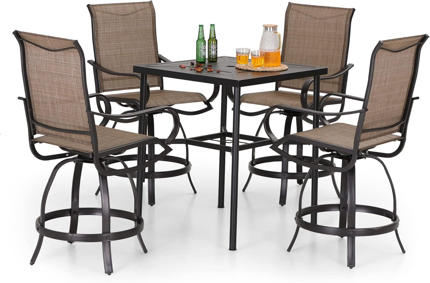 PHI VILLA 5PCS Patio Bar Set, Metal Bar Height Table and 4 Outdoor Swivel Bar Chairs with Textilene Fabric and Thickened Black Metal Frame,High Patio Furniture for Garden,Yard