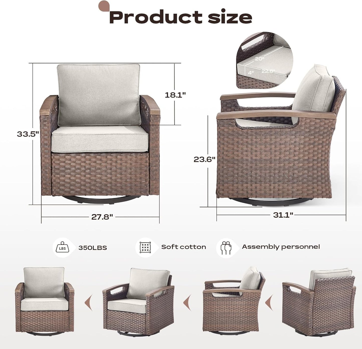 Outdoor Patio Swivel Rocking Chairs Set of 2, All Weather Wicker, Metal Armrest, Deep Seating, Thick Comfortable Cushions, Ideal for Deck Porch Backyard, Brown/Beige