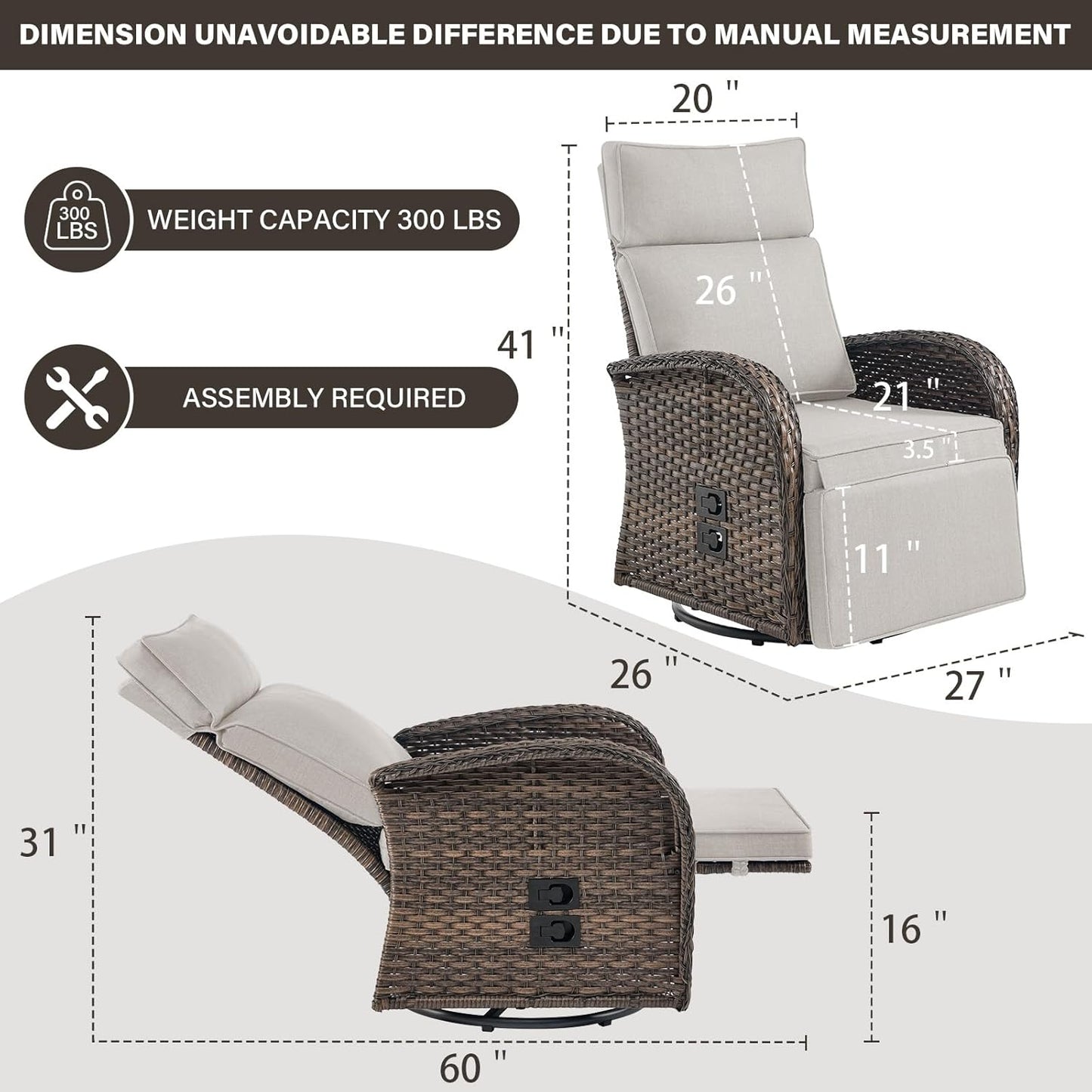 Dual-Adjust Outdoor Swivel Recliner Chair – Reclining Patio Chair with Adjustable Backrest and Footrest, All-Weather Wicker Chaise Lounge Chair Outdoor for Pool Deck Brown (Upgraded 2.0)
