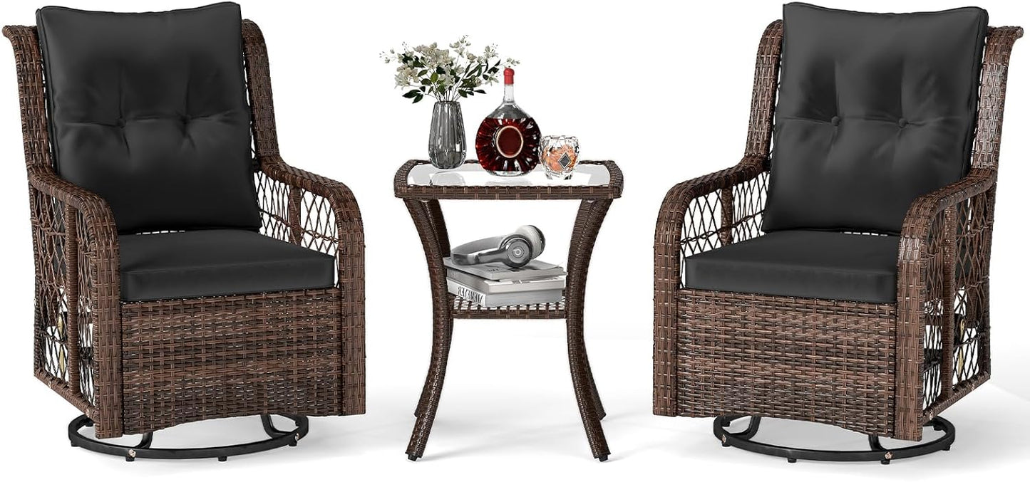 Tangkula 3 Piece Patio Swivel Rocker Set, 2 Outdoor Wicker Rocking Chairs with Tempered Glass Side Table, Outside Gliding Bistro Furniture Set with Thick Cushions for Porch, Yard, Balcony (Beige)