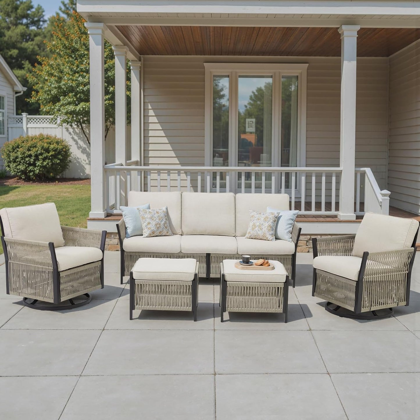 Wicker Swivel Rocker Patio Chairs, Patio Wicker Chairs Swivel Rocker Set of 2 Comfy Glider Rocking Chair Outdoor Conversation Furniture Set for Deck Porch Sunroom Backyard, Beige