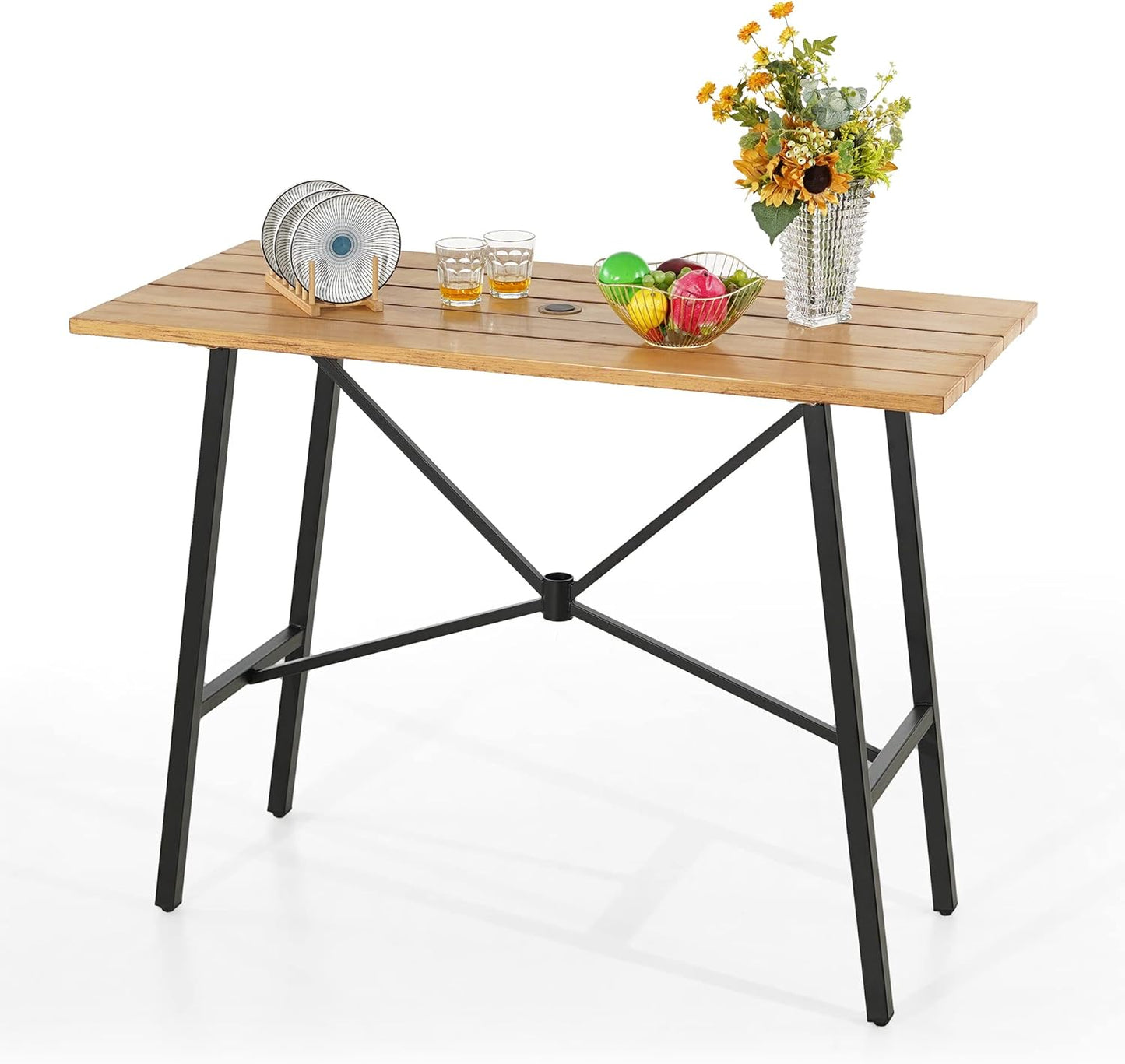 PHI VILLA Outdoor Bar Table for 2-4 Person - 55" W x 40" H Bar Height Patio Bistro Table with Stone Texture Top & Adjustable Non-Scratch Feet for Garden, Backyard, Poolside, Balcony, Patio Dining