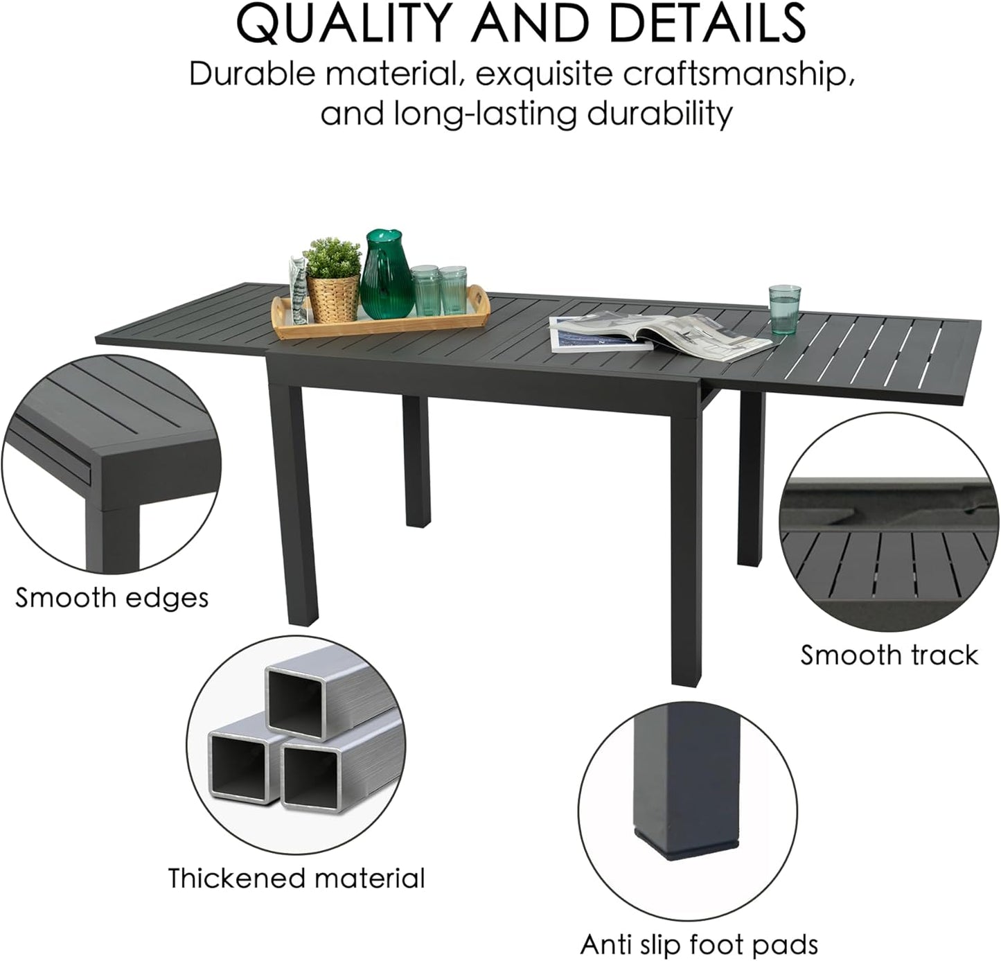 Kozyard Villa Expandable Patio Dining Table - Adjustable, Aluminum Outdoor Furniture for 4-6 Person, Perfect for Backyard, Porch, Deck, Garden - Dark Grey, 43"- 86"